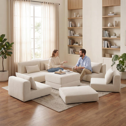 Trygoal 100" Sectional Boneless Couches Set for Living Room, Movable L Shaped Upholstered Modular Couch with 5 Pillows, DIY Combination Cloud Sofa for Apartment & Bedroom, White