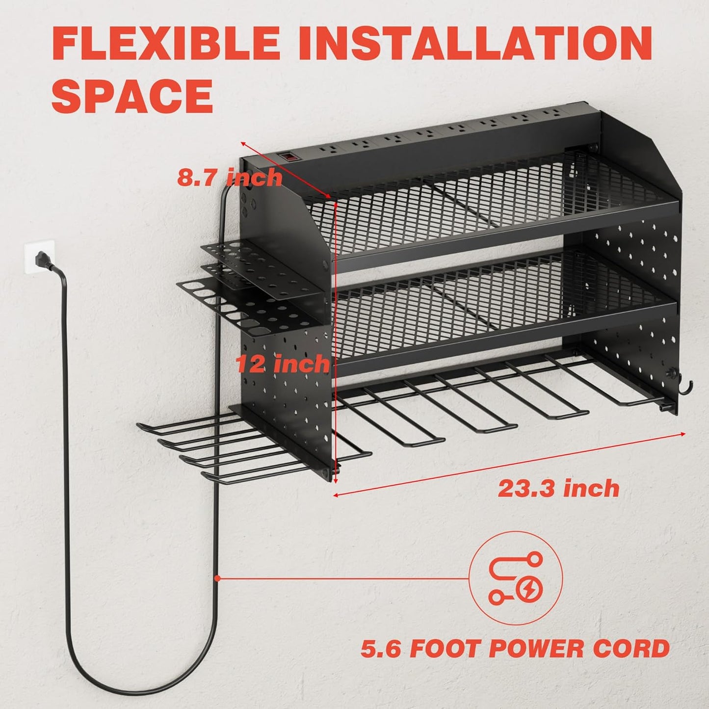 Power Tool Organizer - Wall Mount Charging Station with 8 Outlets | Heavy-Duty Metal Rack, 23-Inch 3-Tier Shelves for Garage & Workshop Storage