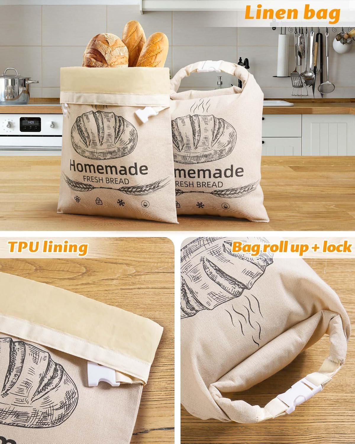 2 Pack 17 12.6 Inches Beeswax Bread Bags for Sourdough,Reusable Organic Linen Beeswax Bread Bag for Homemade Sourdough