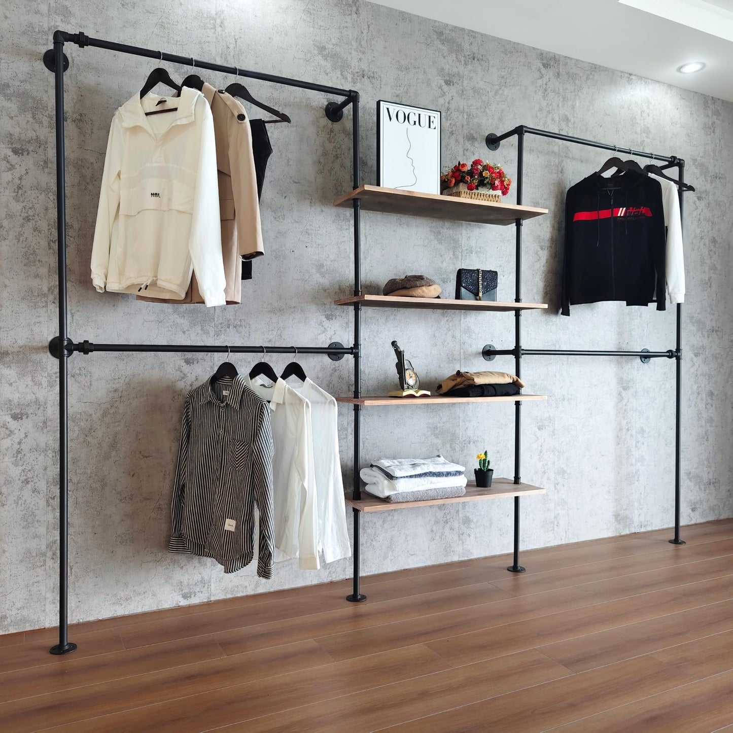 Anynice Industrial Pipe Clothing Rack Wall Mounted, DIY Custom Closet System with Shelves, Heavy Duty Garment Hanging Rack for Walk in Closet, Laundry Room, Retail Display, 14.6x122.8x82.7 in, Y05
