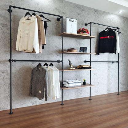 Anynice Industrial Pipe Clothing Rack Wall Mounted, DIY Custom Closet System with Shelves, Heavy Duty Garment Hanging Rack for Walk in Closet, Laundry Room, Retail Display, 14.6x122.8x82.7 in, Y05