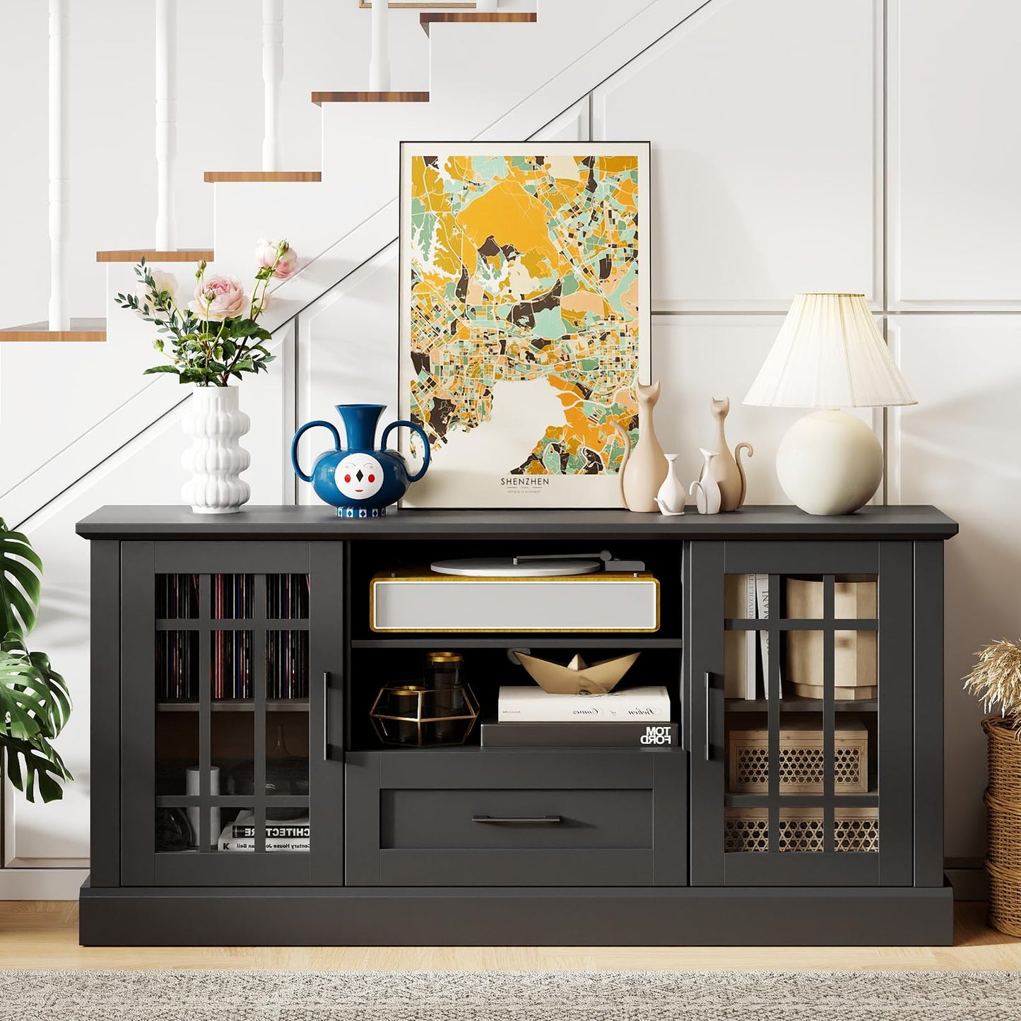 LDAILY 63" Farmhouse TV Cabinet, TV Console Table w/ 2 Side Cabinets & Drawer & Cable Management Holes, Modern TV Stand for TVs up to 70", Entertainment Center for Living Room, Bedroom (Black)