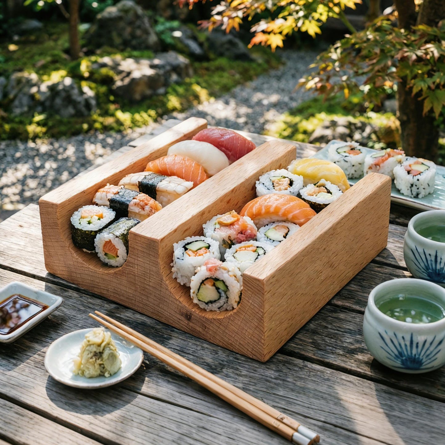 TUESMEILL Sushi Taco Holder:Wooden U Shaped Sashimi Plate Japanese Food Serving Tray Taco Display Stand Sashimi Rack for Home Restaurant Party Food Serving and Display (2 Slot )