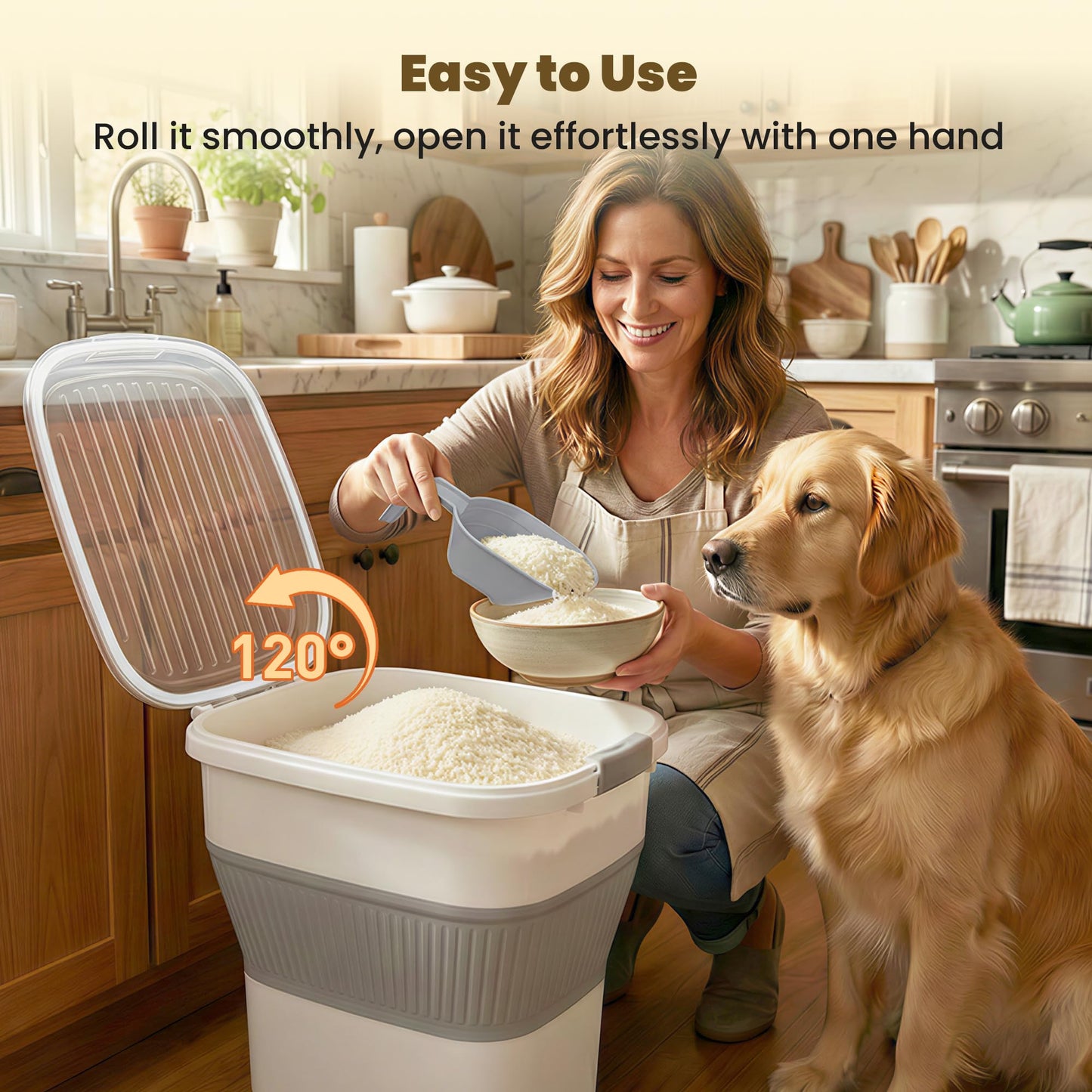 HOYTAMDAR 20-50Lbs Rice Container,Collapsible Food Storage Containers with Airtight Clear Lid,Wheels,Rice Storage Container with Small Bin and Scoop,Rice Dispenser for Flour Sugar Cereal Grain Dog Cat