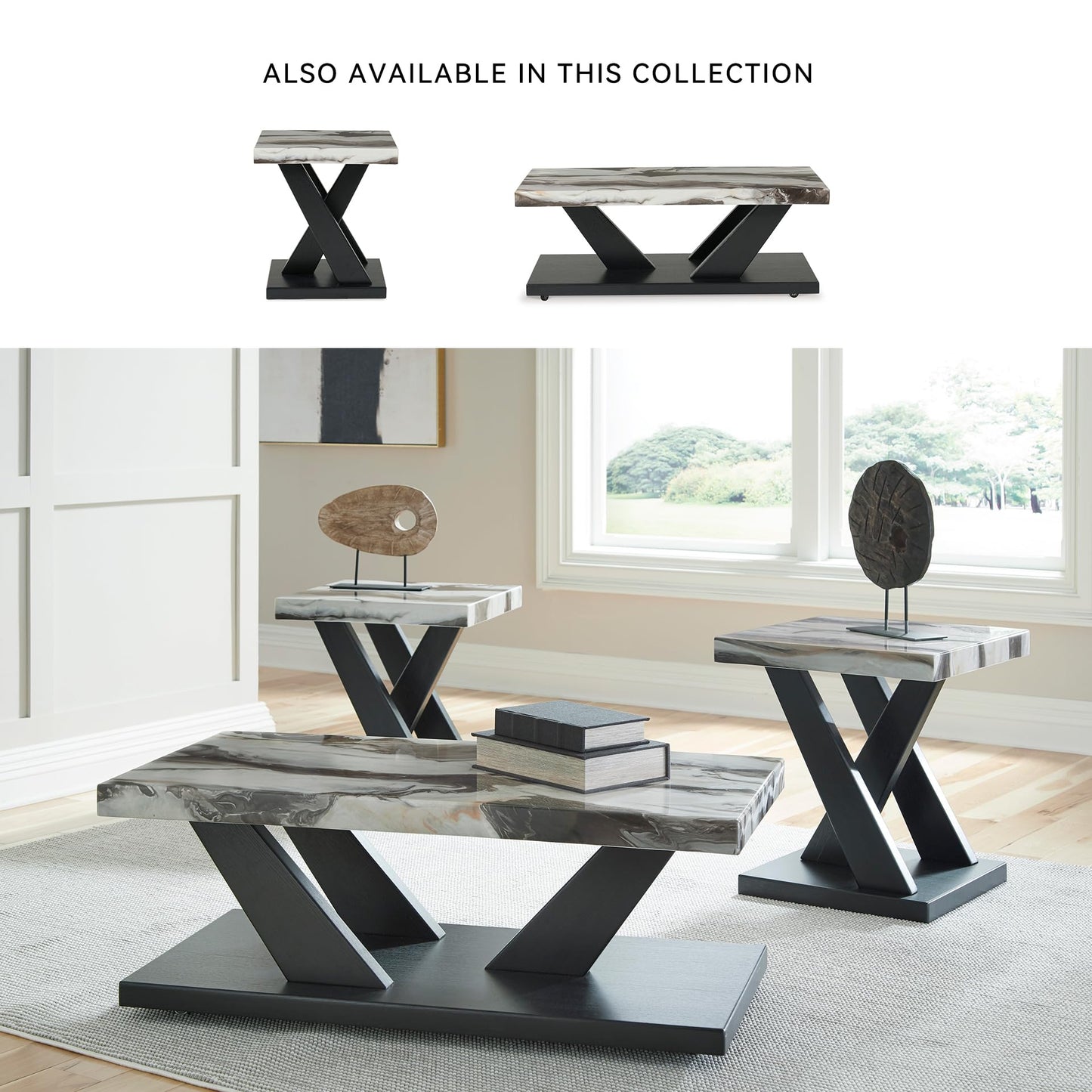 Signature Design by Ashley Cendill Contemporary Faux Marble Table with Casters, Set of 3, White & Black