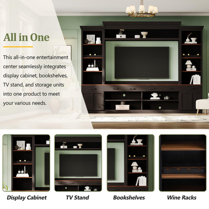 Merax Minimalist Entertainment Wall Unit Set with Ample Storage Space and Adjustable Shelves, TV Stand for Televisions Up to 70'', Mid-Century Large Media Console with Wine Rack for Living Room, Black