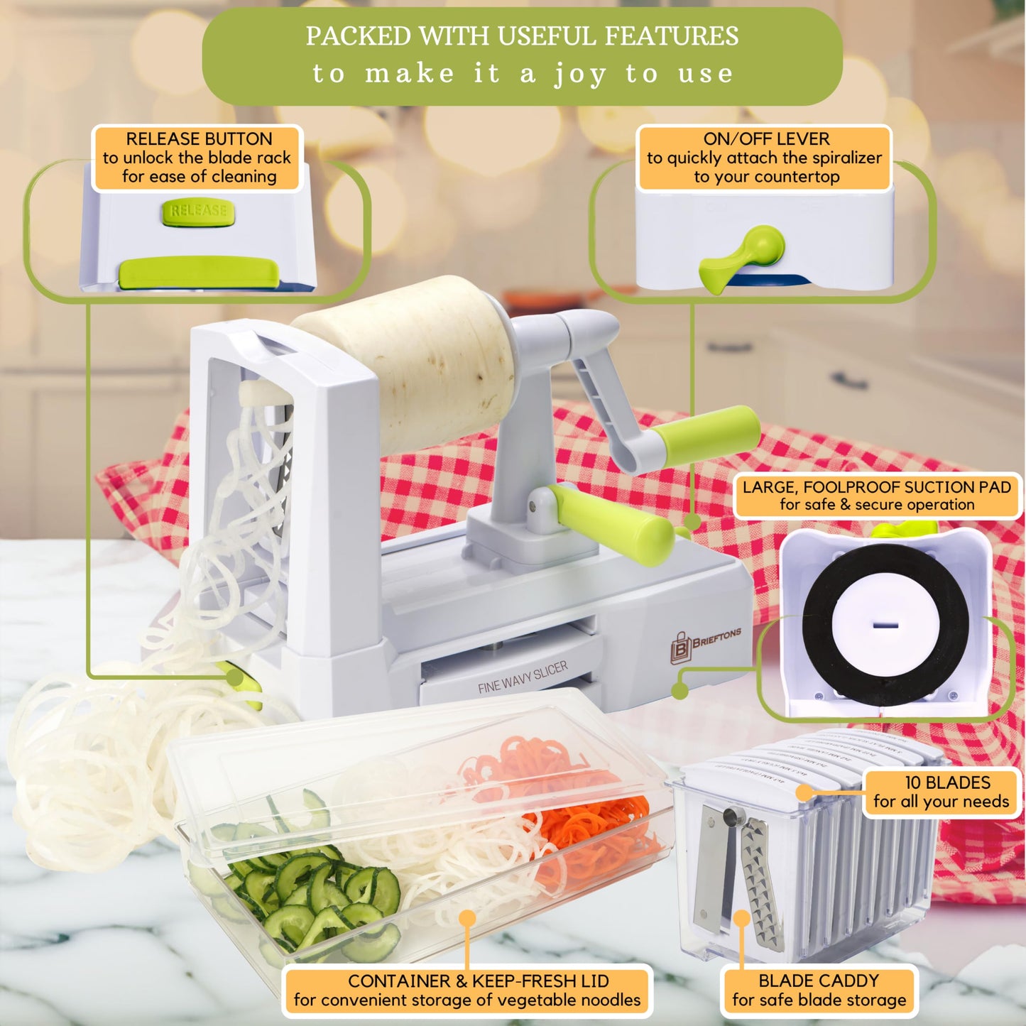 Brieftons 10-Blade Vegetable Spiralizer: Zucchini Spiral Slicer & Veggie Noodle Maker, Japanese Steel Blades, Catch Container, Strong Suction Cup, Blade Caddy, 4 eBooks | Low Carb, Vegan, Gluten-Free