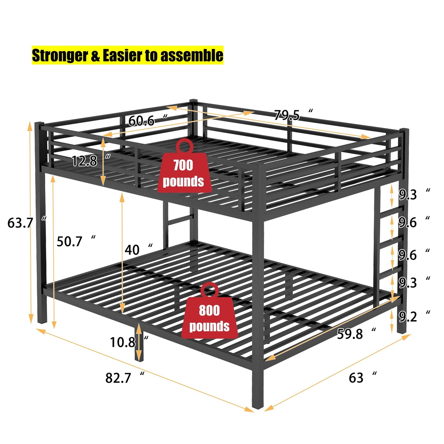 SIGONE Stronger & Safer Metal Bunk Bed Queen Over Queen Size Bunkbed, More Stable Heavy Duty Thickened Steel Bunk Queen Bed with Reinforced Legs & Ladders (Easier to Assemble)