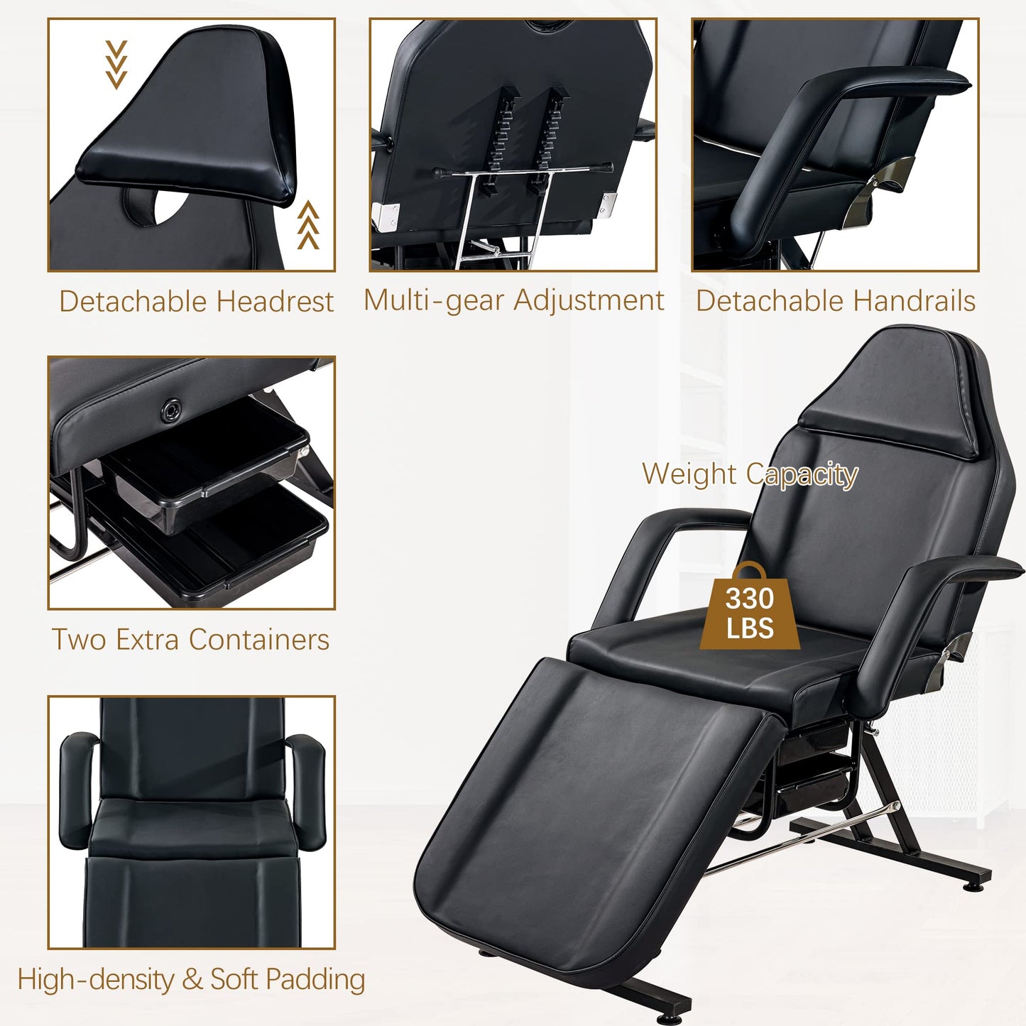 Konsilsa Multi-Purpose 3-Section Facial Bed Table with Hydraulic Stool - Adjustable Beauty Salon Tattoo Chair, Esthetician Spa Equipment, Two Removable Trays for Massage, Facial Lash Treatments