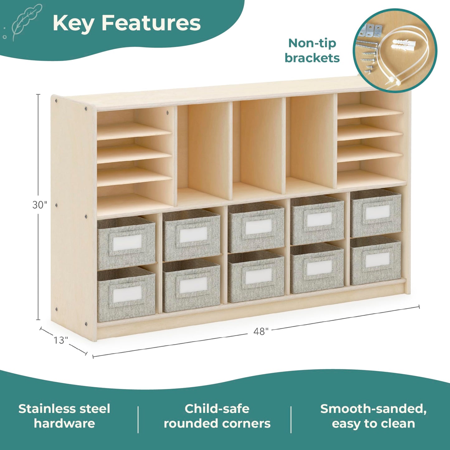 Guidecraft EdQ Shelves and 10 Bin Storage Unit- Natural: Multi-Functional Cube Storage Organizer or Bookcase, Wooden Cabinet for School and Home, Teacher's Book Cubby and Toy Shelf