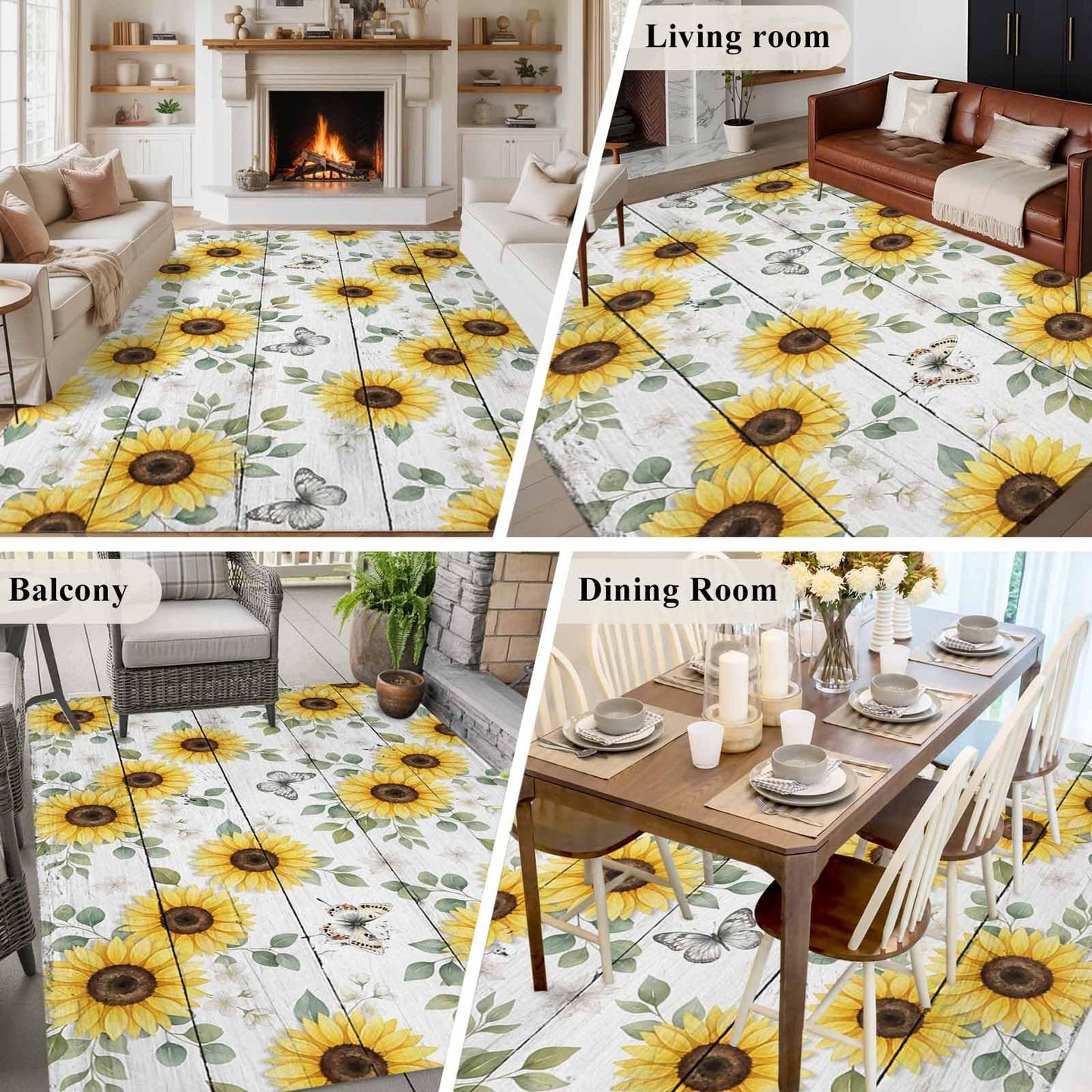 Area Rugs 8x10 for Living Room, Yellow Sunflowers Non Slip Washable Rug Runner, Summer Botanical Butterfly Leaves Wooden Low Pile Indoor Floor Carpet Mat Bathroom Rugs for Bedroom, Kids Room
