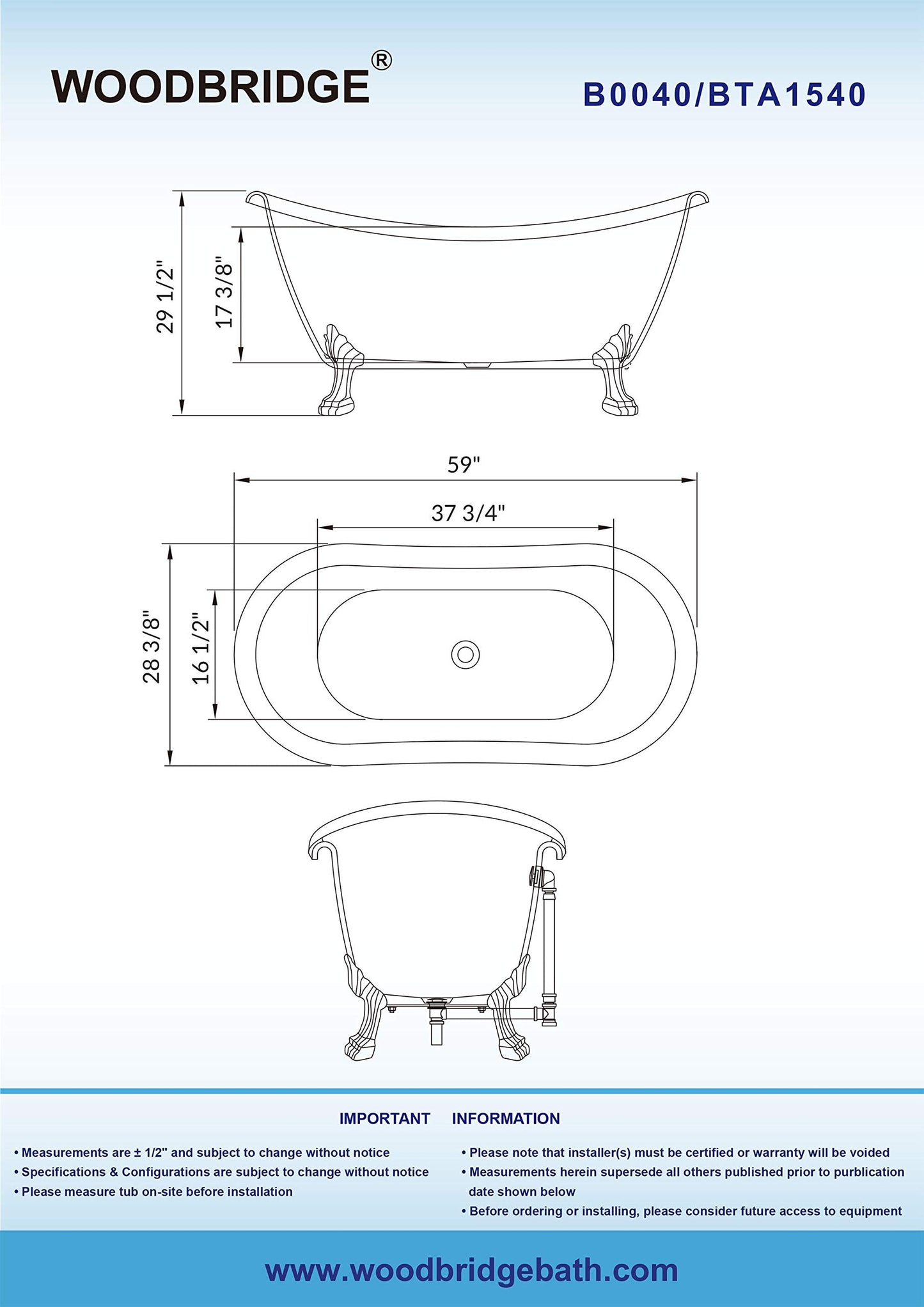 WOODBRIDGE 59" Heavy Duty Acrylic Double Slipper Clawfoot Bath Tub with Matte Black Feet + Matte Black Drain &Overflow