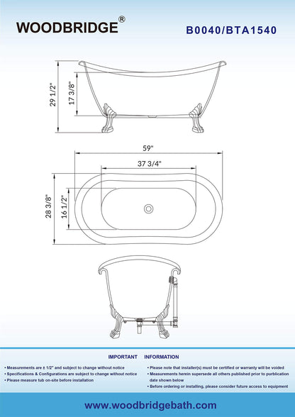 WOODBRIDGE 59" Heavy Duty Acrylic Double Slipper Clawfoot Bath Tub with Matte Black Feet + Matte Black Drain &Overflow