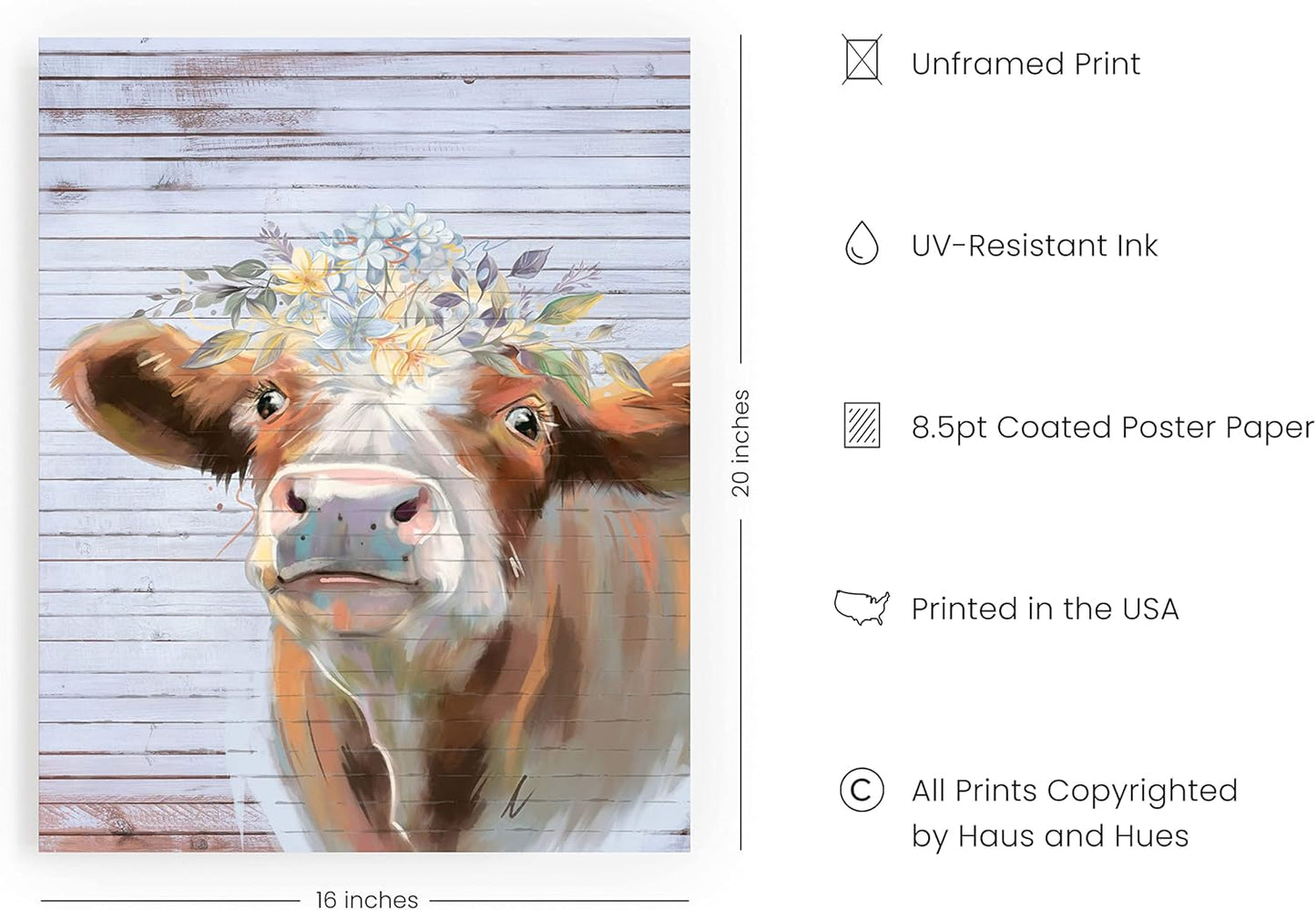 HAUS AND HUES Cow Wall Art - Rustic Cow Prints - Farmhouse Art Prints - Unframed 16x20