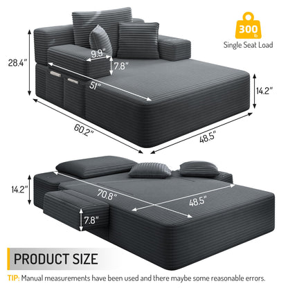 48.5" Boneless Chaise Lounge Chair Sofa Bed Indoor with Zip-Down Convertible Armrests & Backrest, Oversized Cloud Upholstered Compression Sleeper Couch Reading Chairs w/Side Pockets