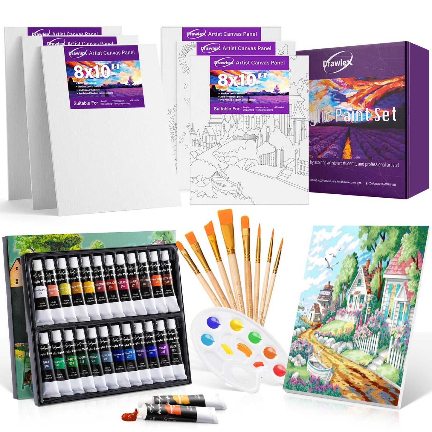 DRAWLEX 39 PCS Paint Set, Painting Kit with 24 Acrylic Paints, 8 Brushes, Art Supplies Set for Kids Adults