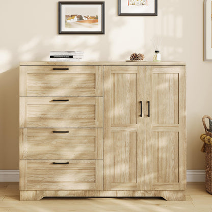 IDEALHOUSE 43.3'' H Armoire Wardrobe Closet with 4 Drawers and 2 Doors, Hanging Rod, Multifunctional Wooden Dresser with Storage Closet, Bathroom Cabinet for Bedroom, Natural Oak
