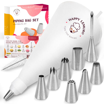 Happy Lemuro Premium Reusable Piping Bags and Tips Set - Cotton Pastry Bag 16" with 8 Large Icing Tips for Cake Decorating - Large Piping Tips Set - Dishwasher Safe