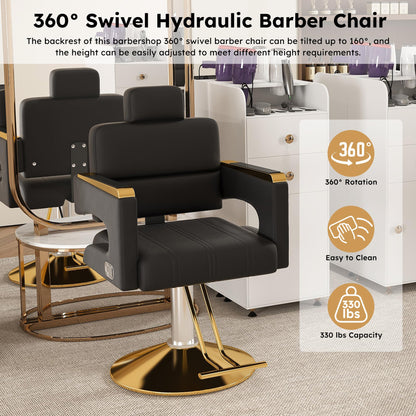 KEIKI Luxury Hydraulic Barber Chair, 160° Reclining Salon Chair w/Adjustable Height & 360° Swivel, Heavy Duty Styling Chair w/Gold Base, PU Leather Cushioned Barber Chair for Salon Spa, Black Gold