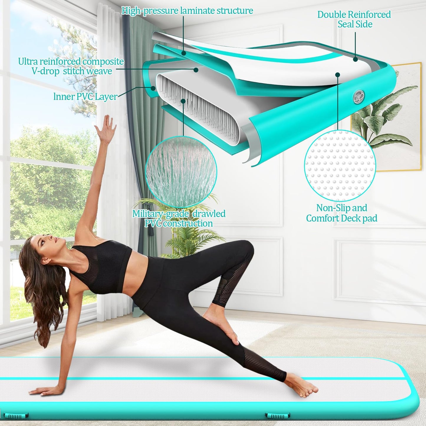 Gymnastics Mats, Air Mat Tumble Track 20FT 8 Inch Thickness Inflatable Training with Carry Bag Electric Pump For Home Use, Cheerleading, Yoga, Water Exercise (Green)