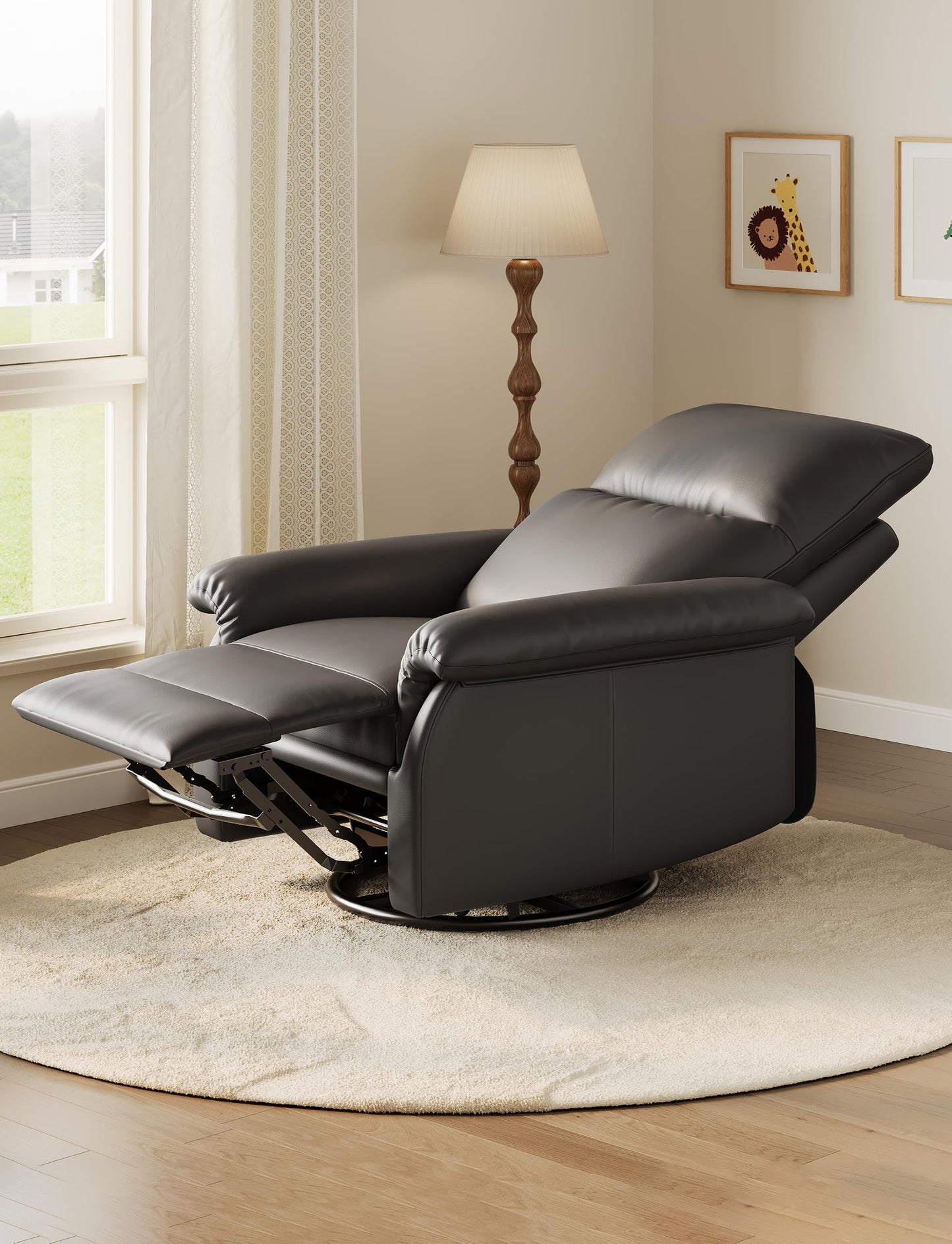 GarveeHome Recliner Chair, 360° Swivel Rocker Glider Nursery Chair with Padded Armrest and Deep Seat, PU Leather Upholstered Reclining Sofa Chair for Living Room, Bedroom and Nursery (Black)