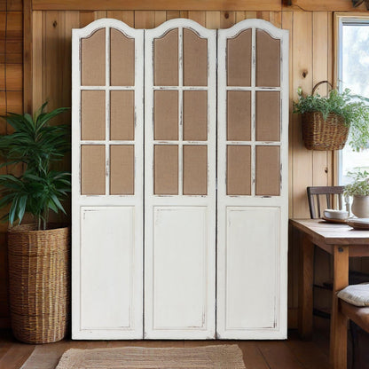 Solid Wooden 3 Panel Room Dividers and Folding Privacy Screens, Handcrafted Rustic 6Ft Tall Room Divider Wall, Wood&Linen Unique Freestanding Room Partition White, Privacy Panel for Bedroom Outdoor