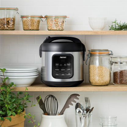 AROMA Digital Rice Cooker, 4-Cup (Uncooked) / 8-Cup (Cooked), Steamer, Multicooker, Slow Cooker, Oatmeal Cooker, Auto Keep Warm, 2 Qt, Stainless Steel Exterior