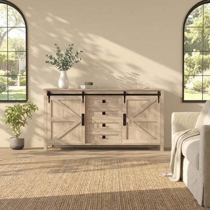 IDEALHOUSE 60" Farmhouse Sideboard Buffet with Storage Drawer & Sliding Barn Doors | Rustic Wood Coffee Bar Cabinet | Multi-Functional for Dining Room Kitchen, As TV Stand & Console Table