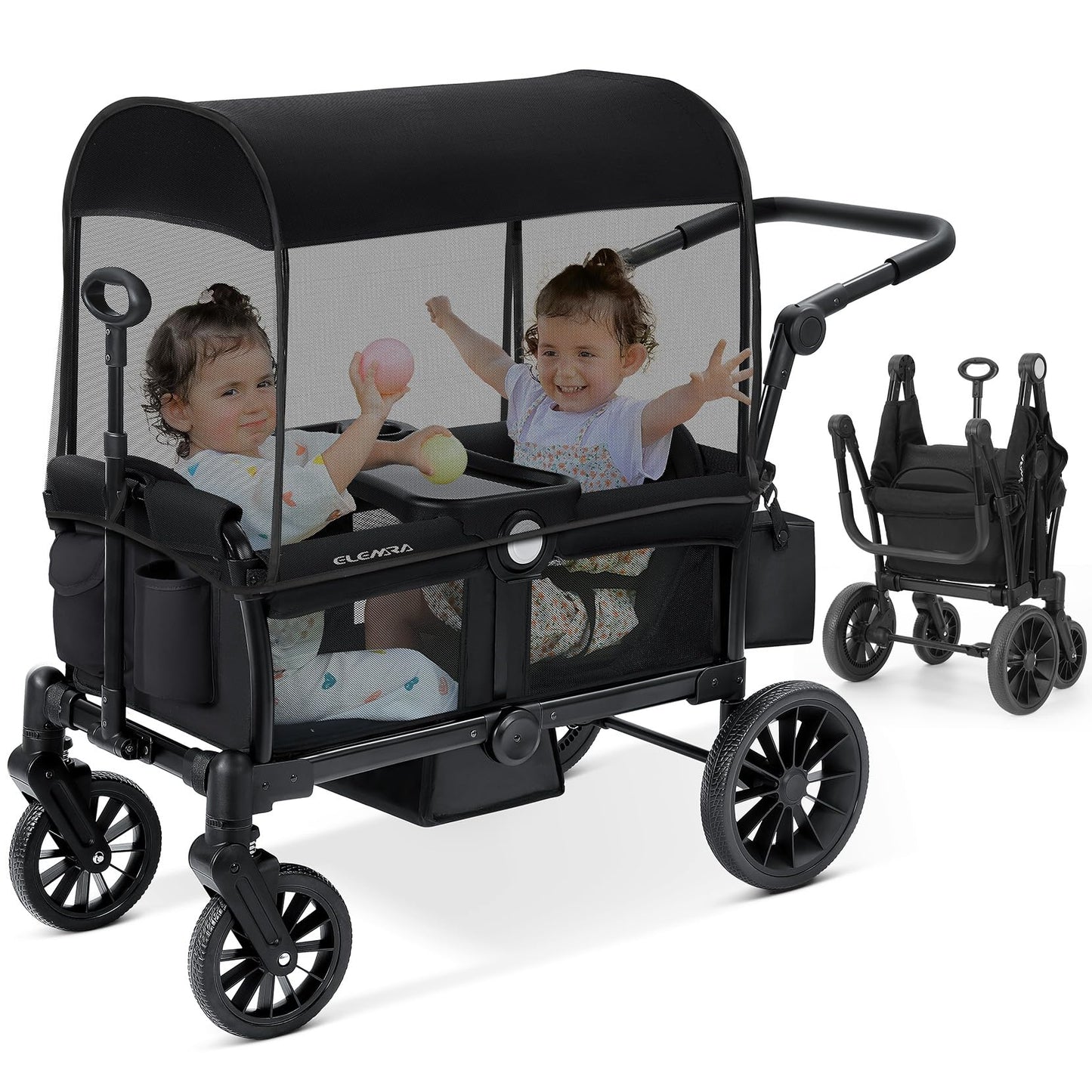 ELEMARA Foldable Wagon Stroller, Stroller Wagon for 2 Kids, Premium All Terrain Wagon for Kids with Removable Canopy, Adjustable Push/Pull Handle, Harnesses, Large Storage Bag, Black