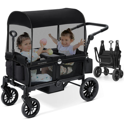 ELEMARA Foldable Wagon Stroller, Stroller Wagon for 2 Kids, Premium All Terrain Wagon for Kids with Removable Canopy, Adjustable Push/Pull Handle, Harnesses, Large Storage Bag, Black