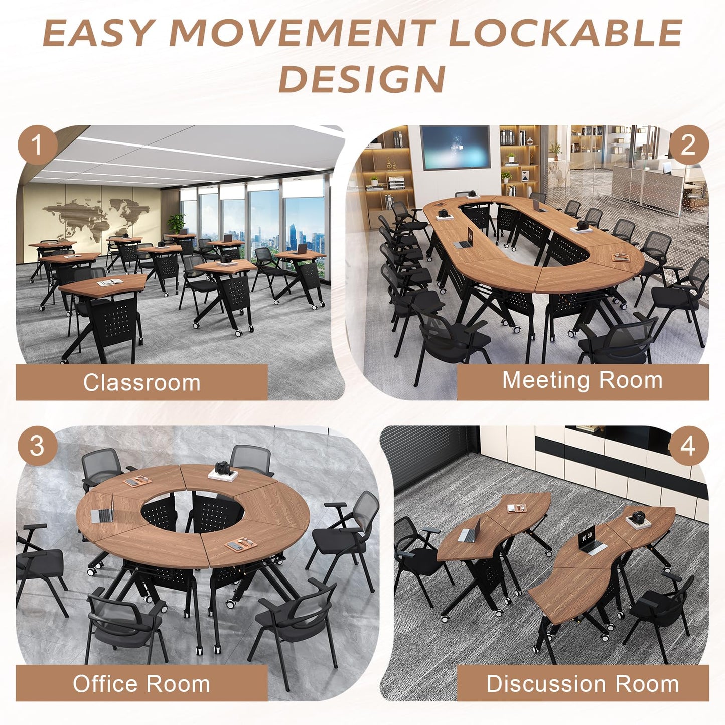JFazzruit Folding Conference Table,Fan-Shaped Conference Room Tables with Wheels, Mobile Modular Seminar Meeting Desk for Classrooms,Office & Seminar (8, Fan-Walnut)