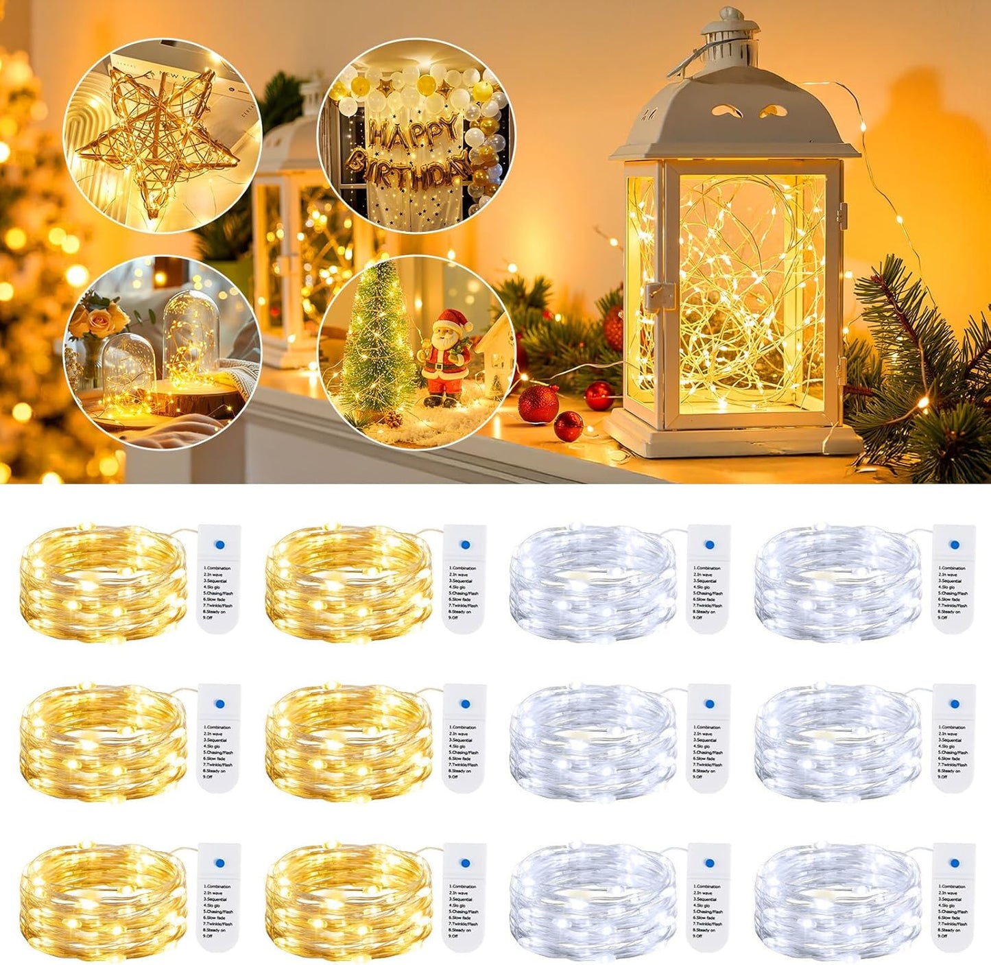 12 Pack 8 7ft 20LED Minetom Fairy Lights Battery Operated String Lights Modes, Waterproof Silver Wire Twinkle Lights