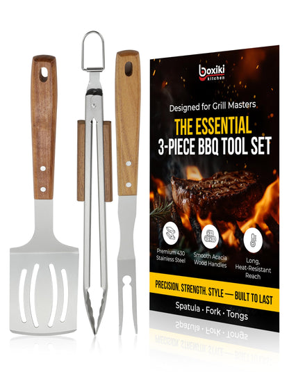 Professional Acacia Wood BBQ Tool Set (3 PCS) - Heavy Duty Stainless Steel Grill Accessories Kit with Spatula, Fork & Tongs - Durable Barbecue Utensils for Outdoor Cooking & Grilling