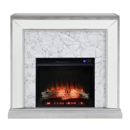 SEI Furniture - Trandling Mirrored Touch Screen Electric Fireplace with Faux Marble - Transitional Design, Grey Glass and Wood - Ideal for Living Room, Bedroom (FR1027359)