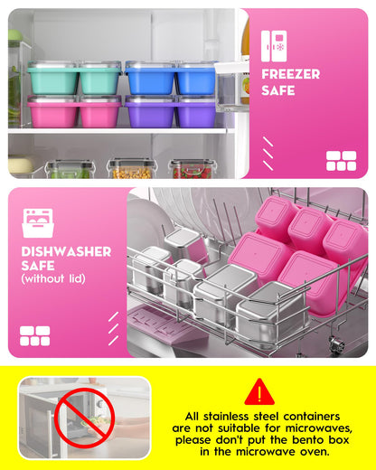 BiuLeon Snackle Box Containers, Stainless Steel 5 Compartments Divided Serving Tray with Lid, Removable LeakProof Portable Bento Box for Fruit Candy Nuts Food - School, Picnic and Travel（Pink）