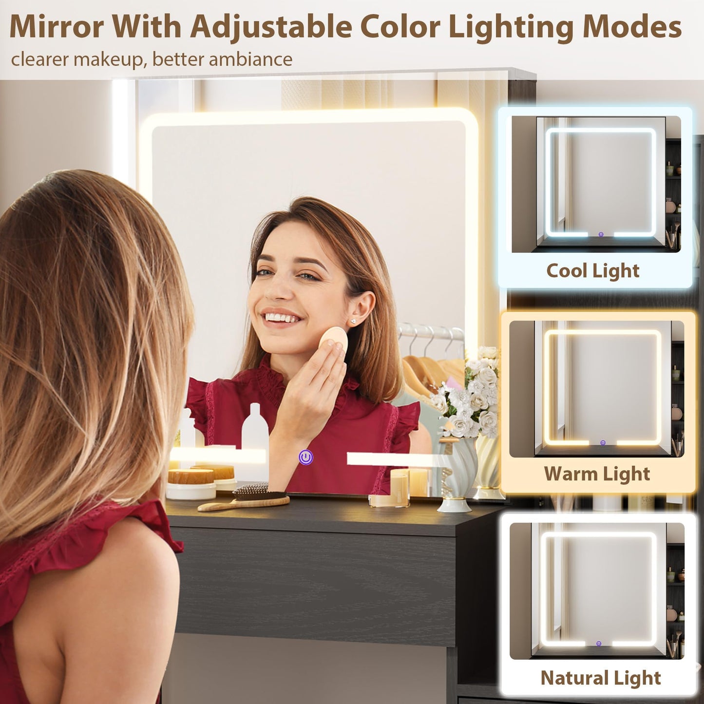 Garvee Makeup Vanity Desk with Sliding Lighted Mirror, Vanity Table with 3-Color Dimmable LED, Cushioned Stool & Power Outlet, 4 Drawers Makeup Table for Bedroom, Black