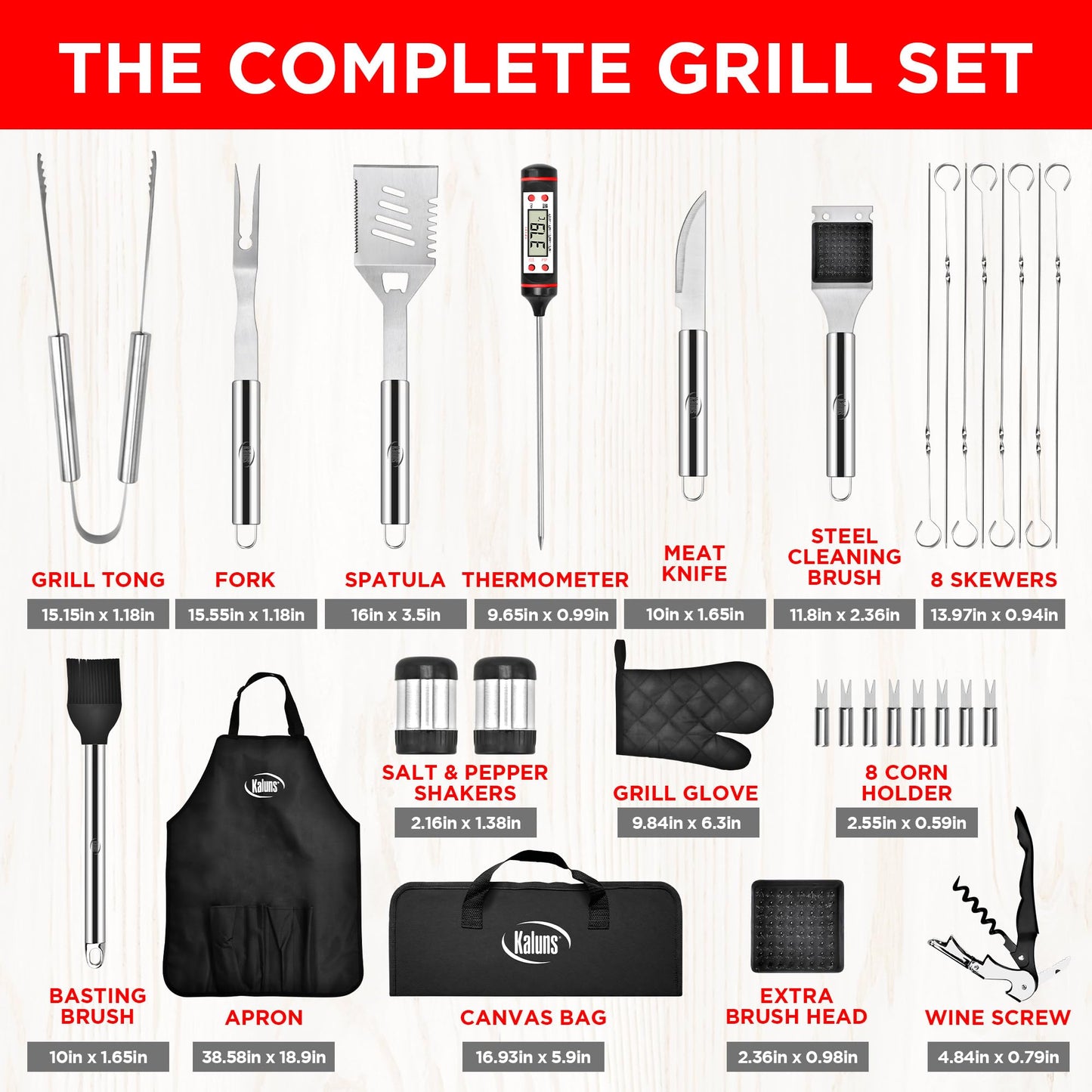Kaluns Grilling Accessories, Dad Gifts for Fathers Day, Heavy Duty Stainless Steel Grill Set BBQ Grill Accessories for Outdoor Grill with Meat Thermometer, Case and Apron