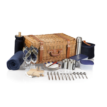 PICNIC TIME - Windsor Luxury Picnic Basket for 4 - Large Wicker Picnic Basket - Deluxe Picnic Set 4, (Navy Blue)