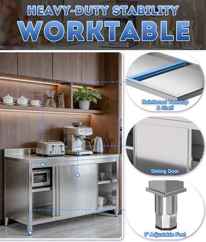 Zumic Stainless Steel Table, Metal Worktable with 2 Shelves, Kitchen Chefs Work Prep Table with Sliding Door, Mesa de Acero Inoxidable for Restaurant, Home, Garage, Laundry