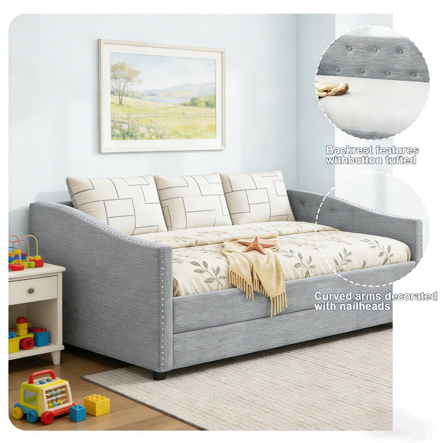 FAVSH Upholstered Daybed with Trundle, Twin Size Day Bed w/Button-Tufted Back and Piping on Waved-Shape Arms for Bedroom or Guest Room, No Box Spring Required, Light Gray