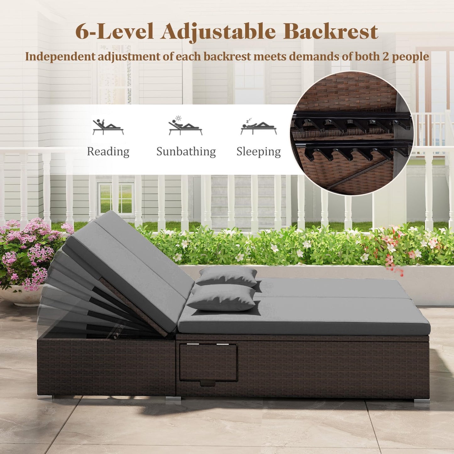 Tangkula Outdoor Rattan Daybed with 6-Level Adjustable Backrests, 2-Person Adjustable Wicker Recliner Bed with Cushions & Folding Side Trays, Double Sunbed Lounger for Balcony, Backyard & Poolside