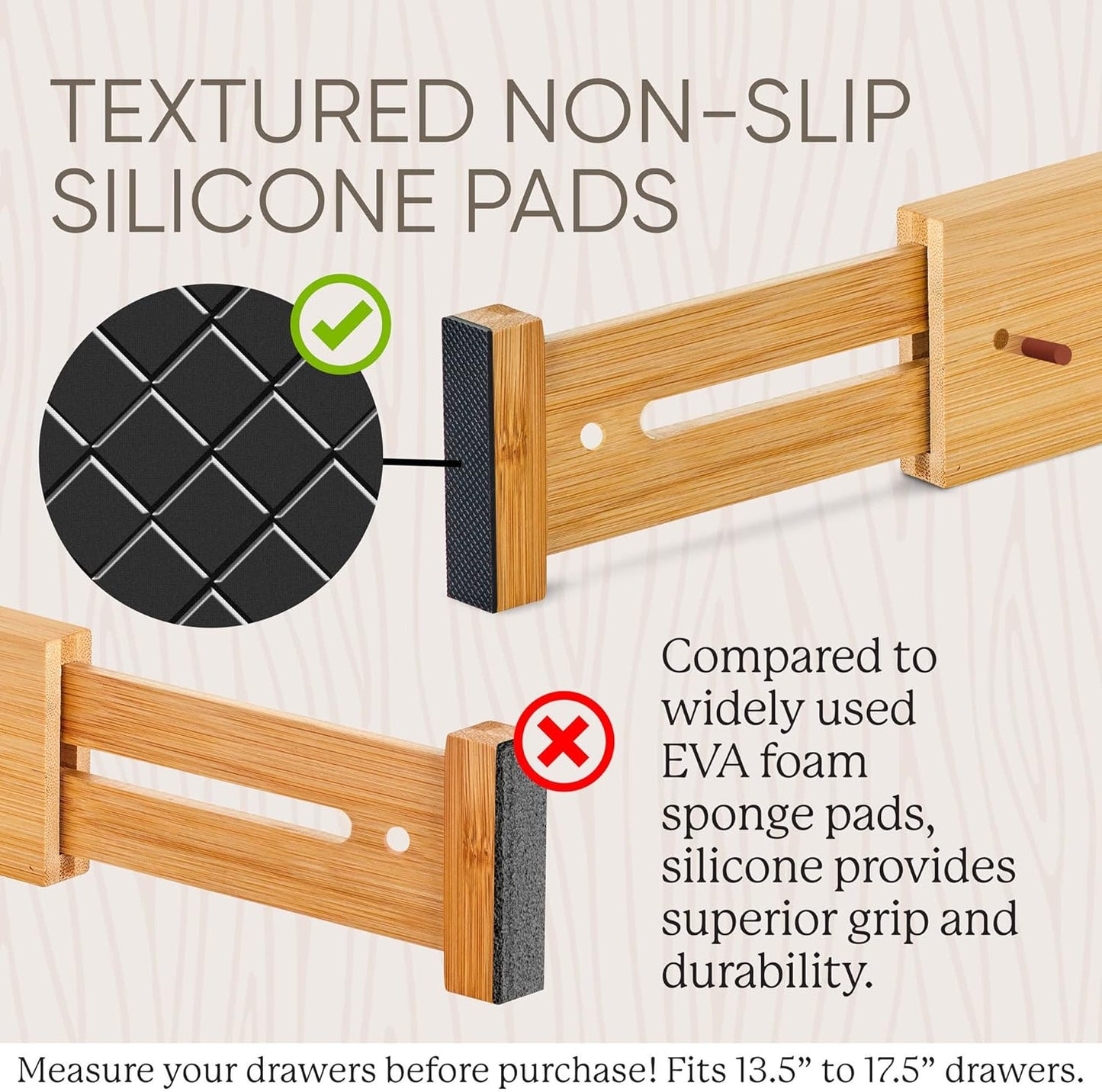 Expandable Bamboo Drawer Dividers - Wooden Organizers for Clothes, Kitchen Utensils, Bathroom, Dresser [13.5" - 17.5"]