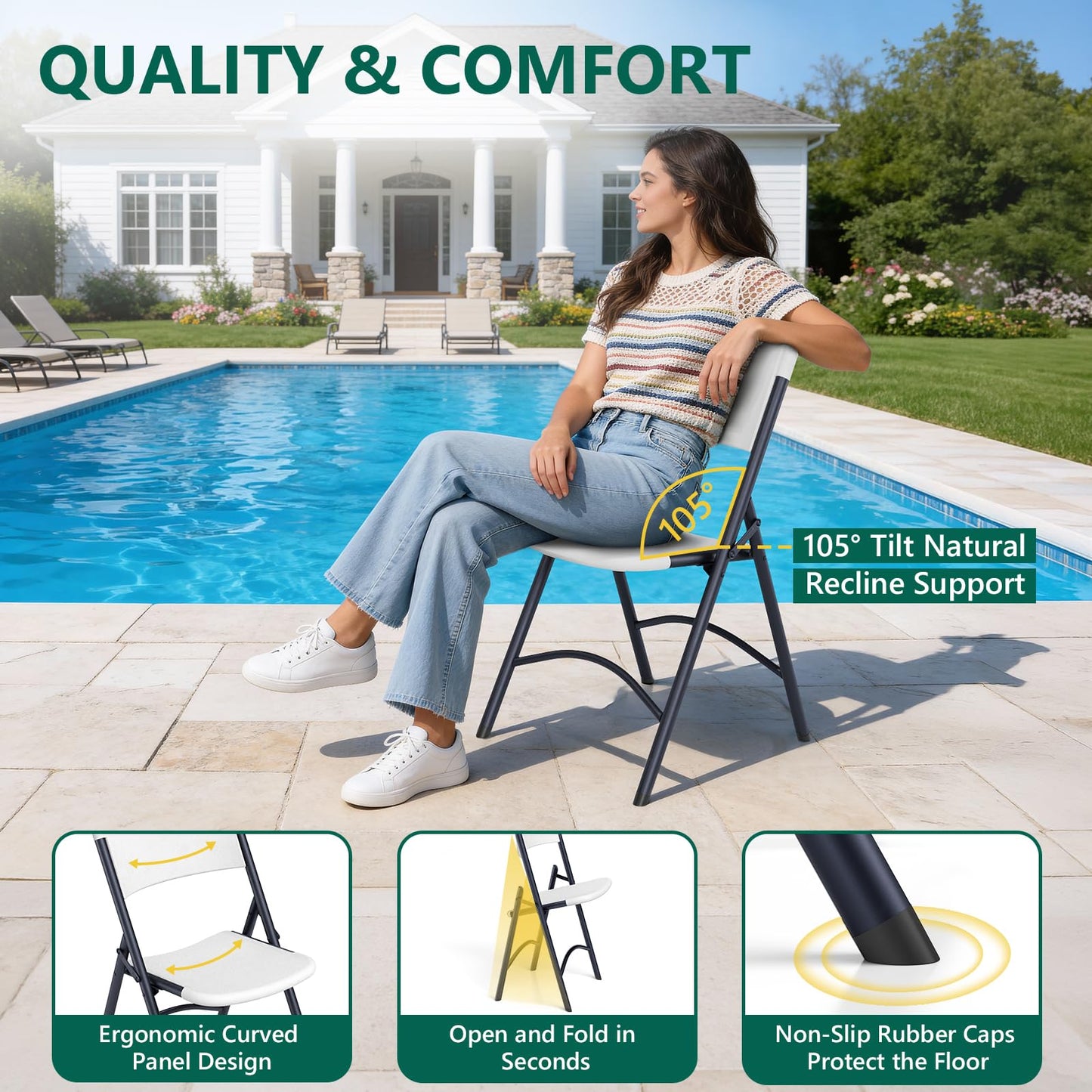 MAKE CHANGES Folding Chair 12 Pack, Portable Commercial Heavy Duty Plastic Folding Chairs with Steel Frame for Indoor, Outdoor, Office, Meeting, Wedding, Patio, Picnic, 400lbs Capacity(White)