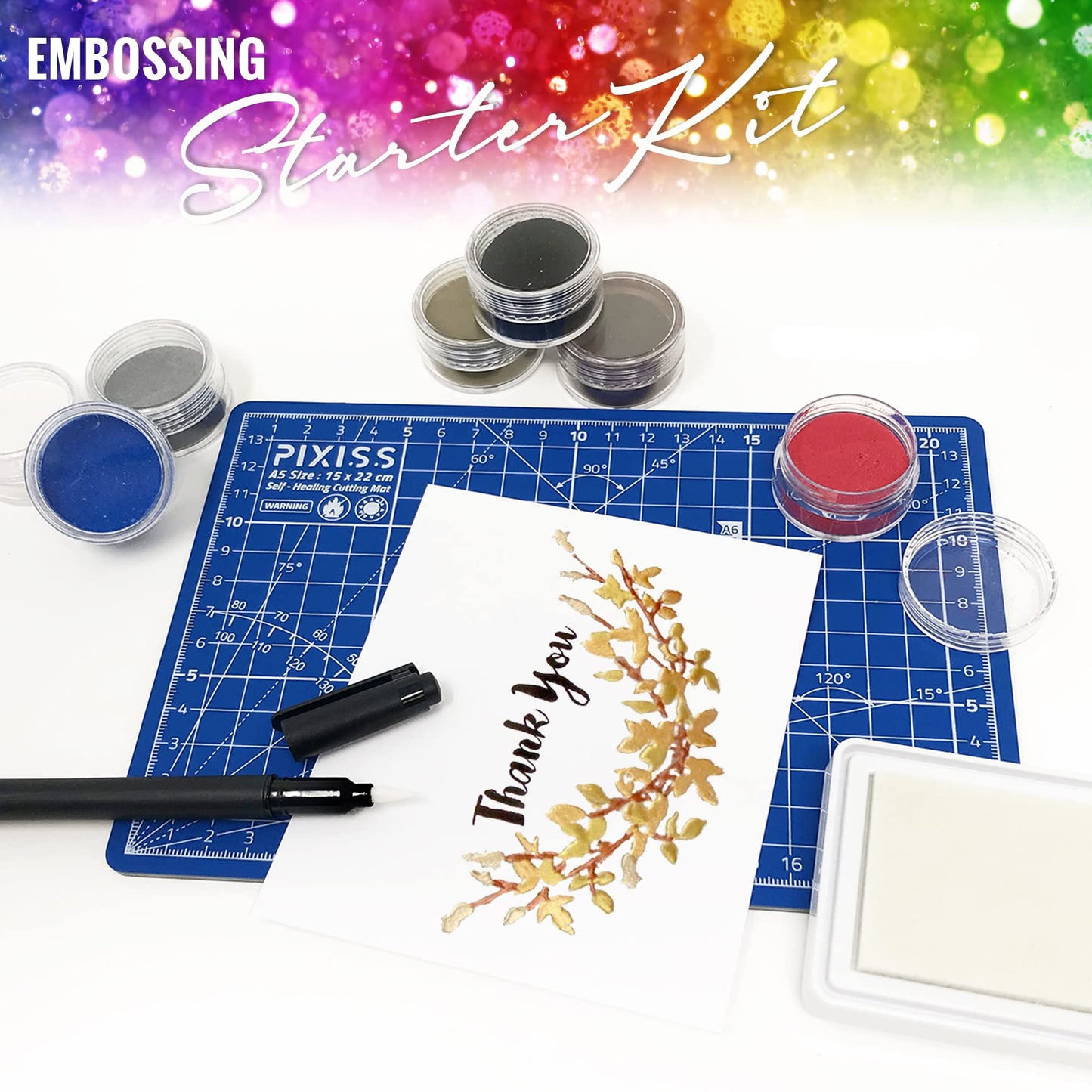 Embossing Kit, Powder, Clear Embossing Pen, Embossing Ink Pad, 8X 10ml Embossing Powders for Use with Embossing Heat Tool for Crafts
