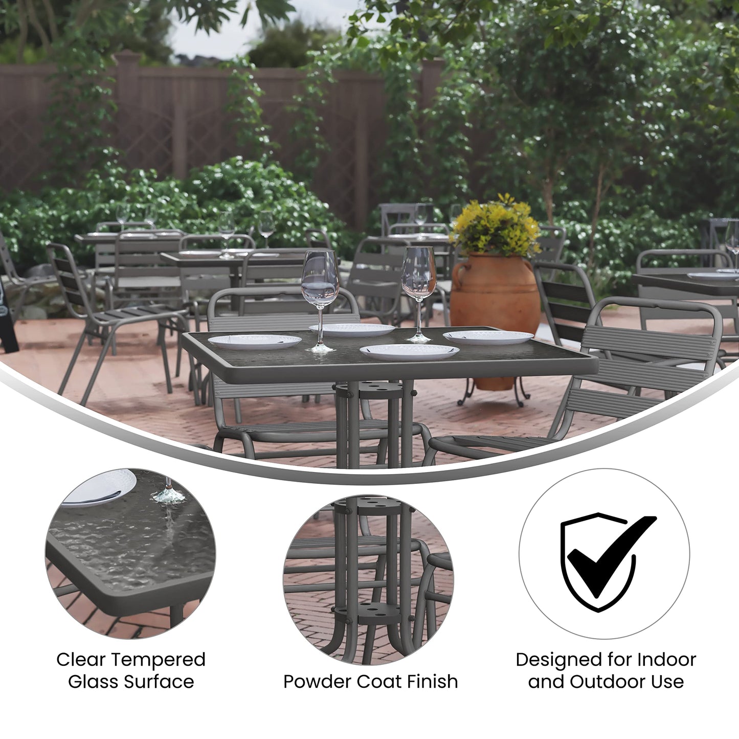 Flash Furniture TLH-0732SQ-017CSV4-GG Lila 31.5'' Square Glass Table with 4 Metal Aluminum Slat Stack Chairs, Silver
