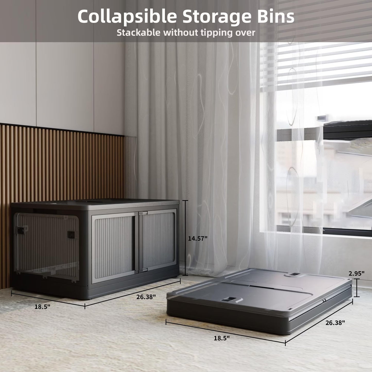 506QT 4-Pack Transparent Stackable Storage Bins with 5 Doors to Open with Wheels, Folding Plastic Craft Containers Large Closet Organizers Box for Bedrooms Living Rooms Study, Black