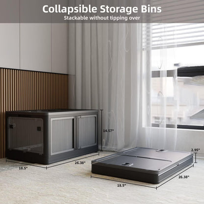506QT 4-Pack Transparent Stackable Storage Bins with 5 Doors to Open with Wheels, Folding Plastic Craft Containers Large Closet Organizers Box for Bedrooms Living Rooms Study, Black