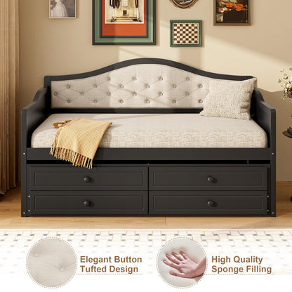 GDFStudio Twin Daybed with Trundle and 2 Storage Drawers, Upholstered Button Tufted Wooden Daybed Sofa Bed, Twin Size Pull Out Trundle Bed Frame for Living Room Bedroom Guest Room, Black