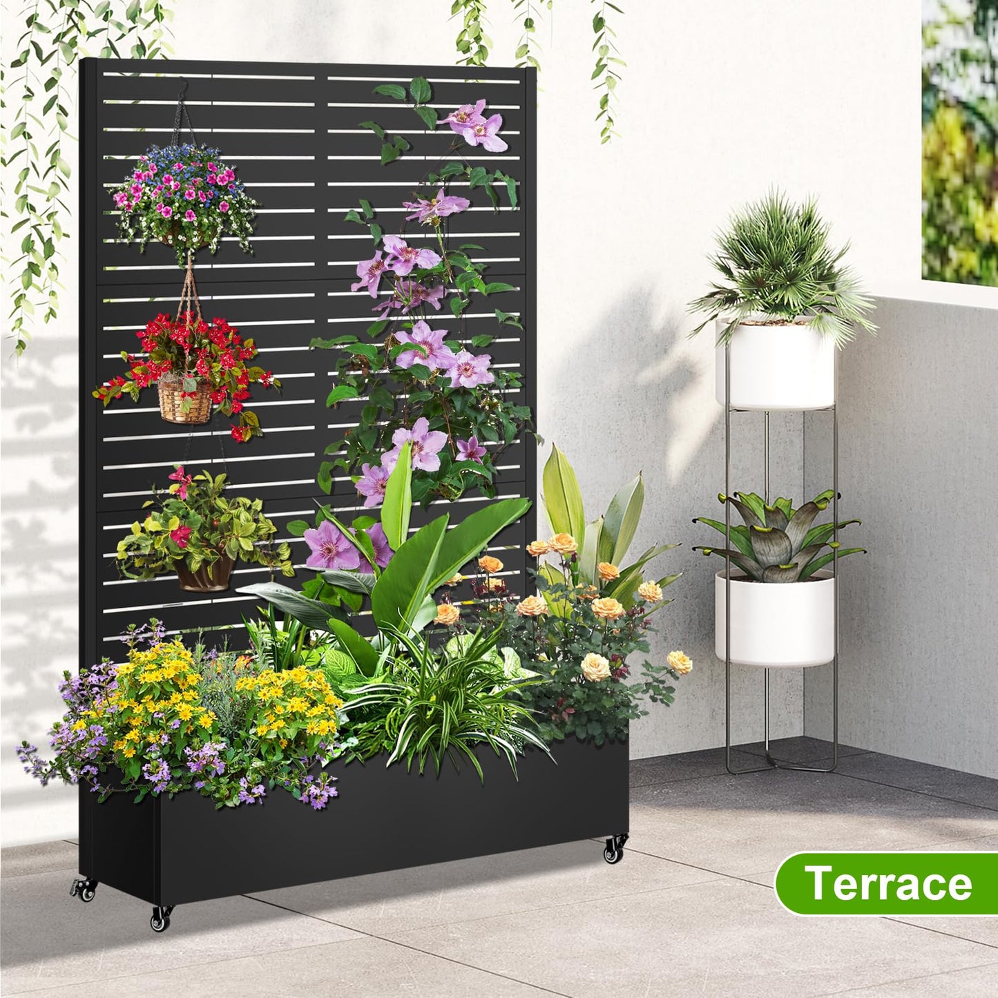 Meyoppm 72"x47"x16" Metal Planter Box with Trellis, Galvanized Steel Raised Garden Bed with Lockable Casters & Drainage Holes, Outdoor Large Planter Box for Climbing Plants, Vegetables & Flowers