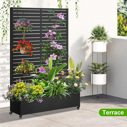 Meyoppm 72"x47"x16" Metal Planter Box with Trellis, Galvanized Steel Raised Garden Bed with Lockable Casters & Drainage Holes, Outdoor Large Planter Box for Climbing Plants, Vegetables & Flowers